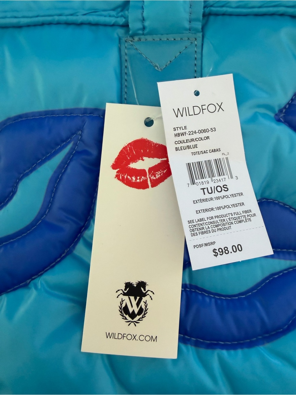 WILDFOX Puffy Aqua Tote with Royal Blue Lip Appliqués NWT - Picture 2 of 5